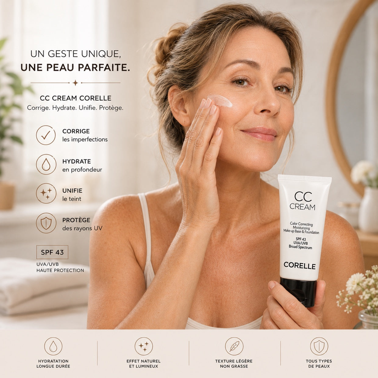 Un geste unique, une peau parfaite — corrige, hydrate, unifie, protège avec SPF 43