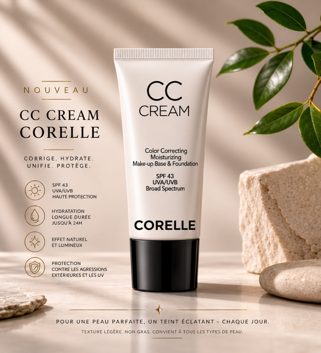 CORELLE CC Cream SPF 43 — qui s’adapte à la carnation